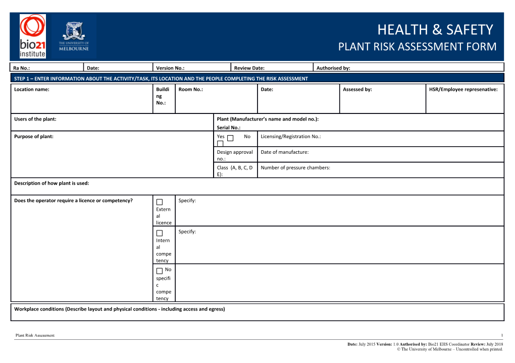 Plant - Risk Assessment Form