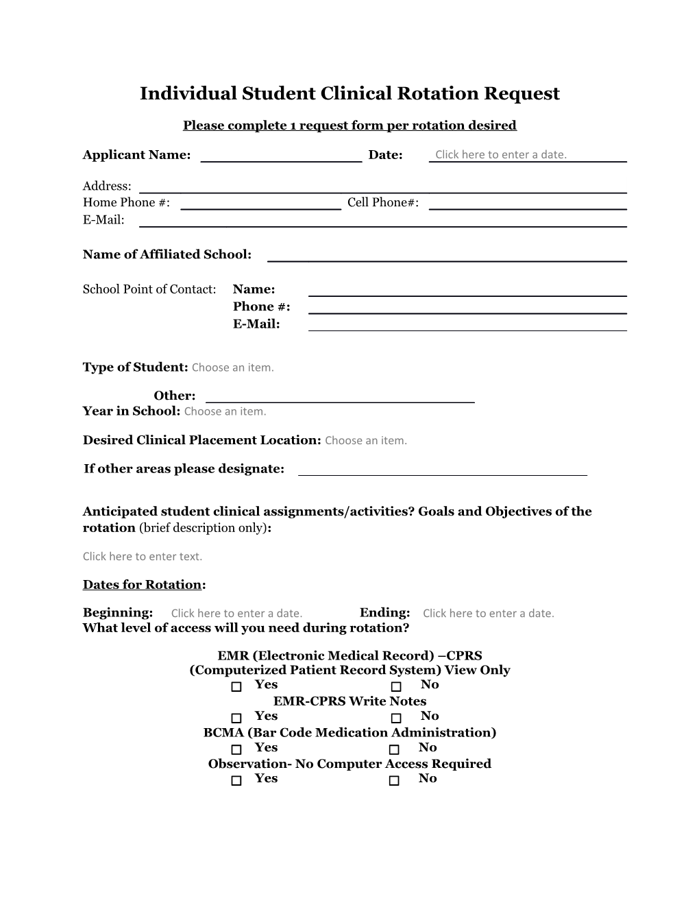 Individual Student Clinical Rotation Request