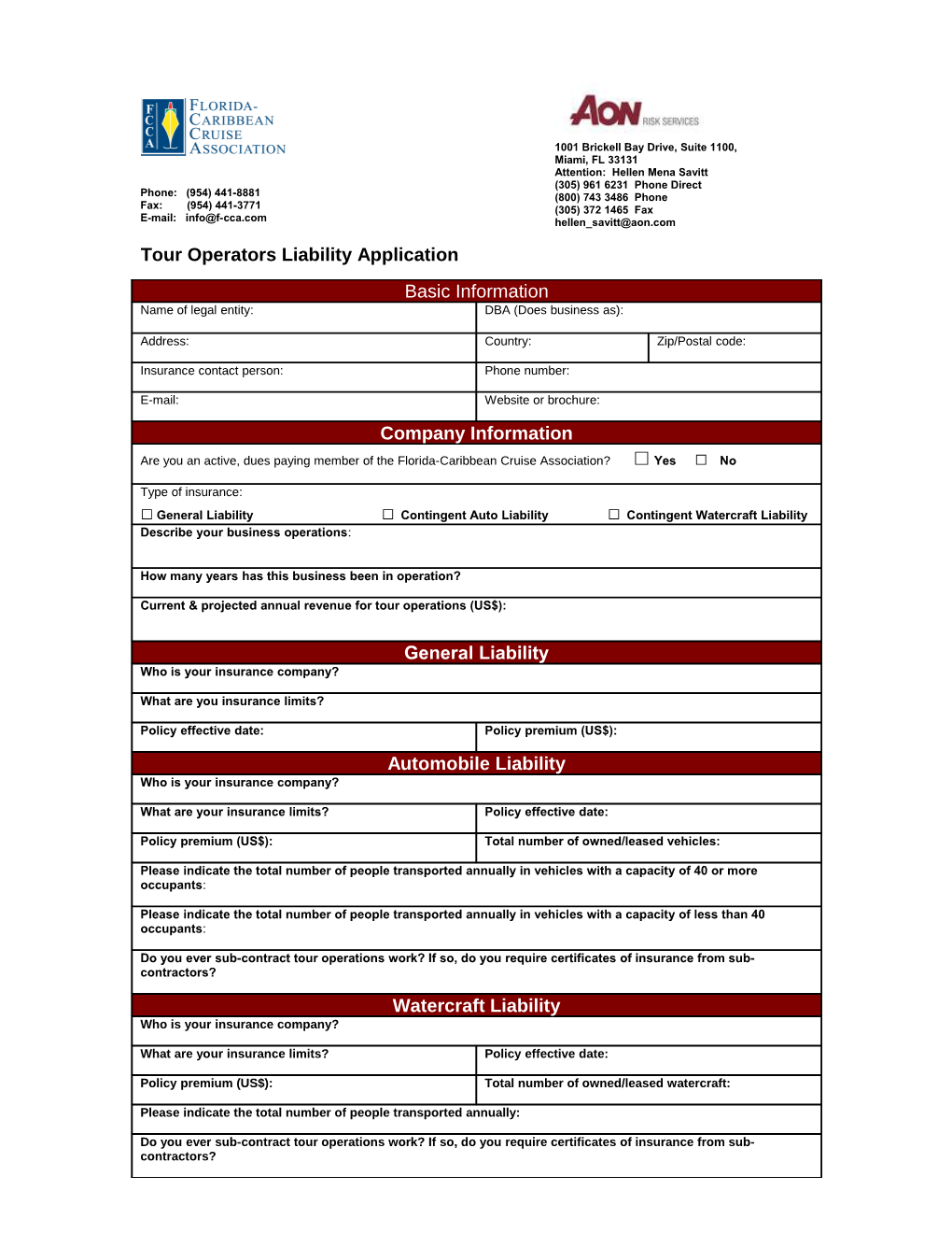 Tour Operators Liability Application