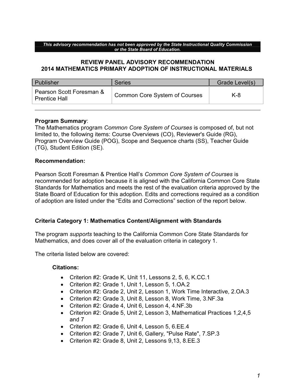 2014 Pearson System of Courses - Instructional Materials (CA Dept of Education)