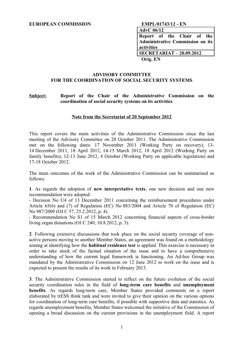 Report of the Chair of the Administrative Commission on Its Activities