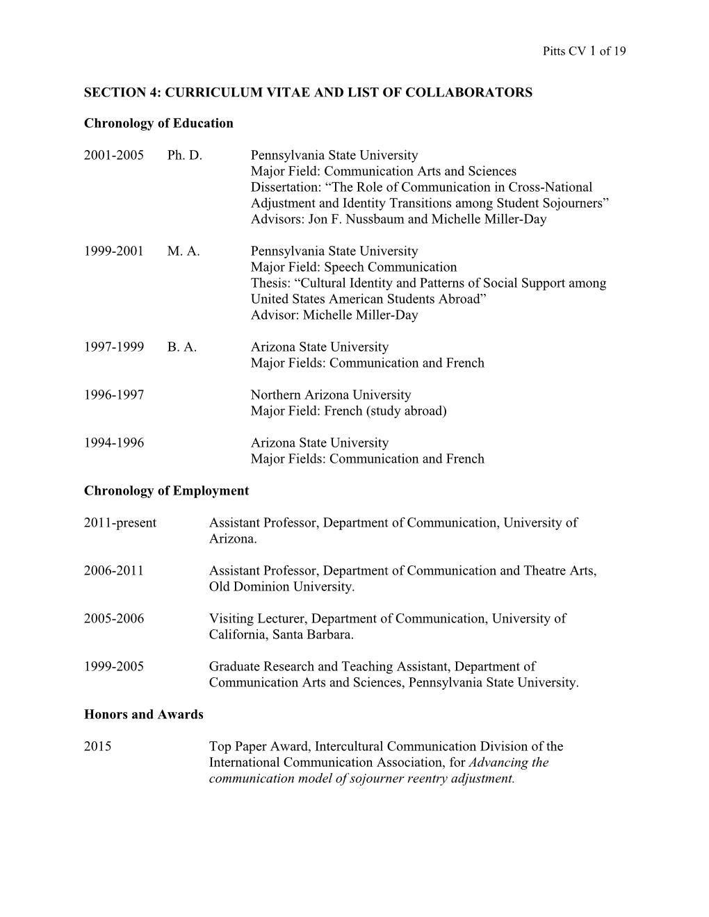 Section 4: Curriculum Vitae and List of Collaborators