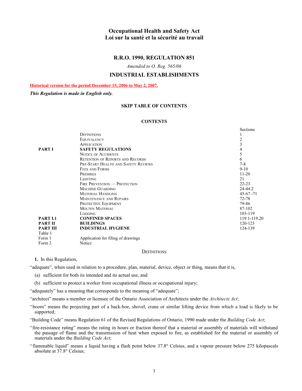 Occupational Health and Safety Act - R.R.O. 1990, Reg. 851