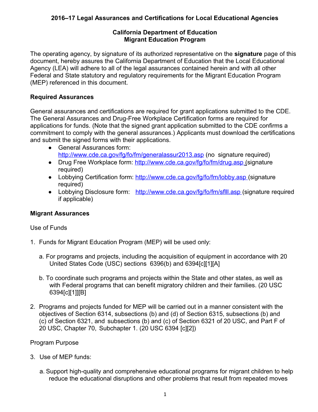 RFA-16: MEP - Legal Assurances (CA Dept of Education)