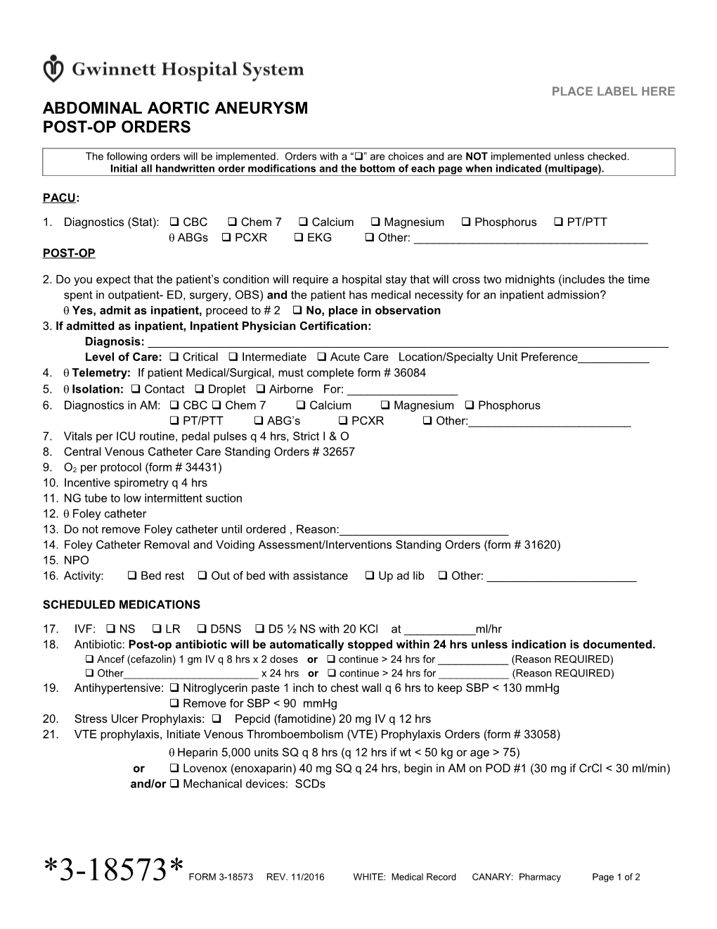 Abdominal Aortic Aneurysm Post Op Orders