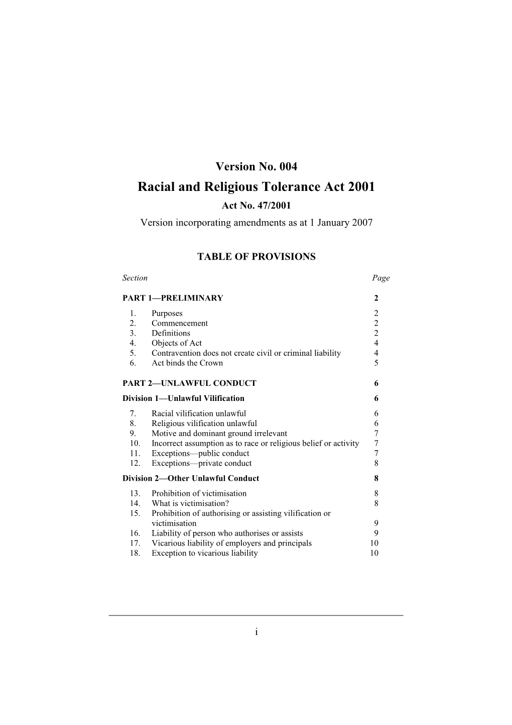 Racial and Religious Tolerance Act 2001