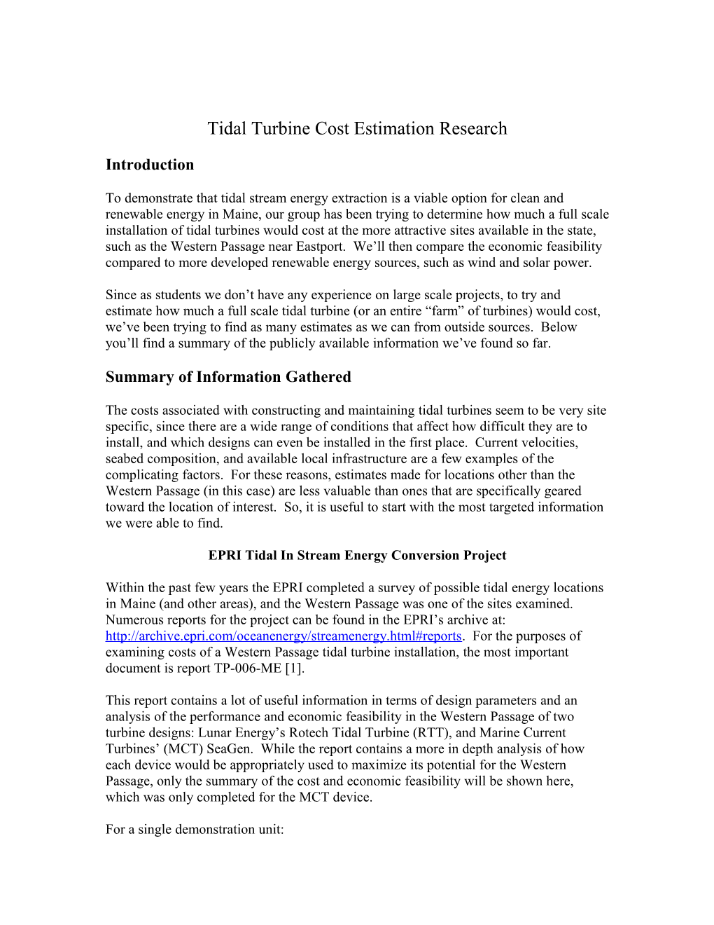 Tidal Turbine Cost Estimation Research