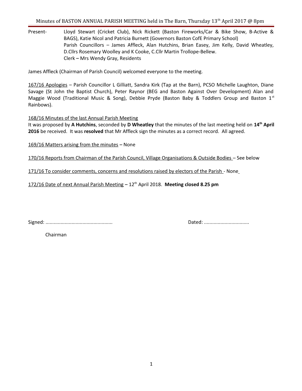 BASTON ANNUAL PARISH MEETING Held in the Barn, Thursday 9Th April 2009 19:30Hrs