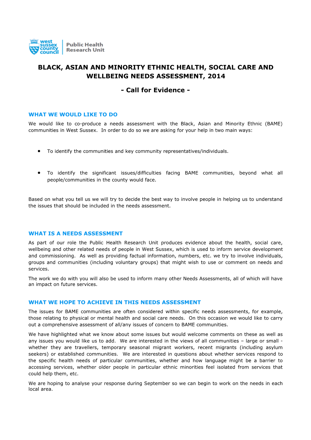 Black, Asian and Minority Ethnic Health, Social Care and Wellbeing Needs Assessment, 2014