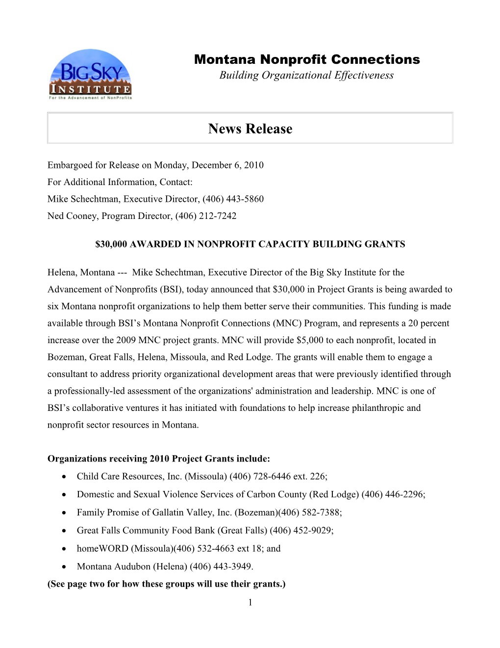 Letter of Agreement for the Montana Nonprofit Connections Progr