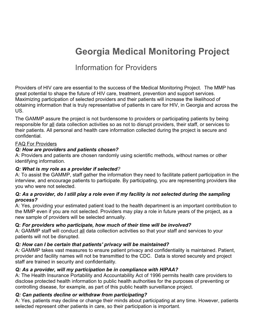 Georgia Medical Monitoring Project