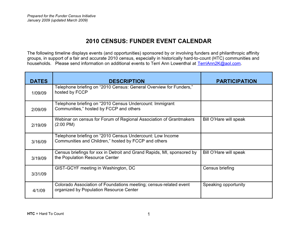 2010 Census: Funder Event Calendar