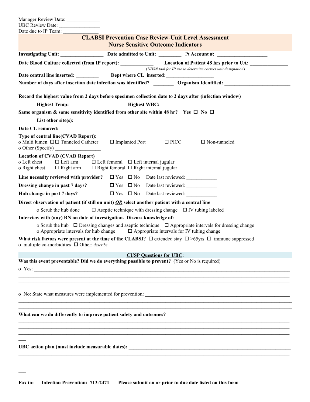 CLABSI Investigation-Unit Level Assessment