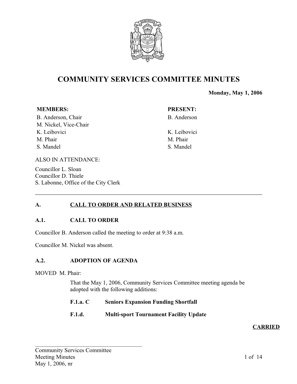 Minutes for Community Services Committee May 1, 2006 Meeting