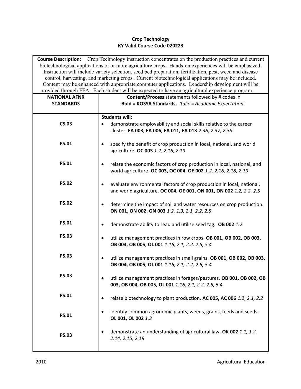 KY Valid Course Code 020223