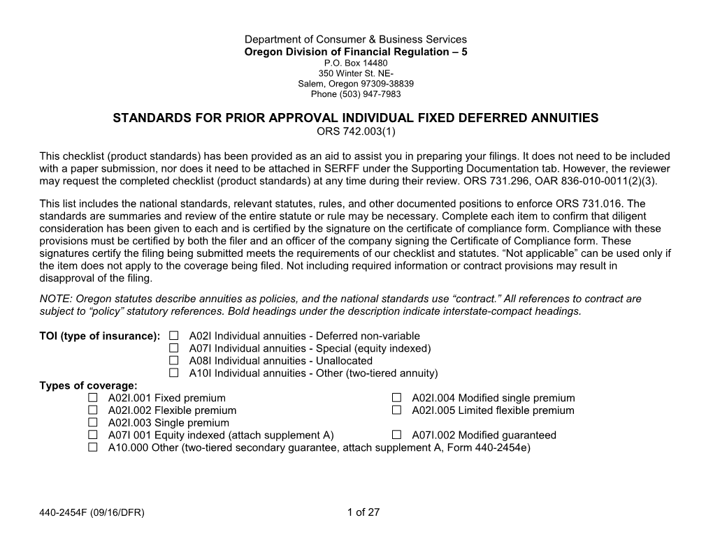 Form 2454F, Standards for Prior Approval Individual Fixed Deferred Annuities, Form # 440-2454F