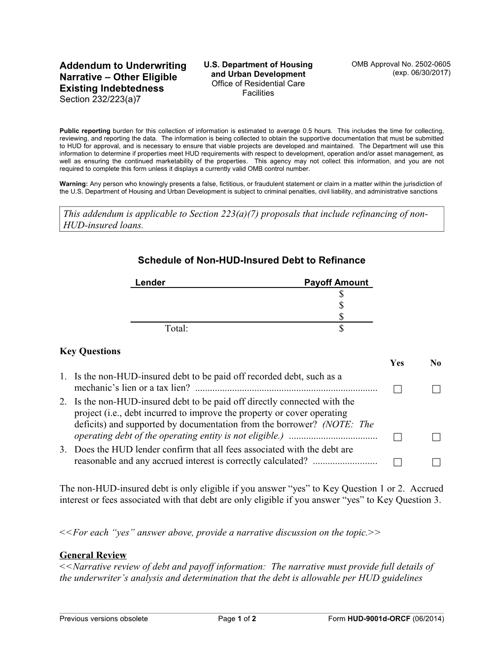 Schedule of Non-HUD-Insured Debt to Refinance