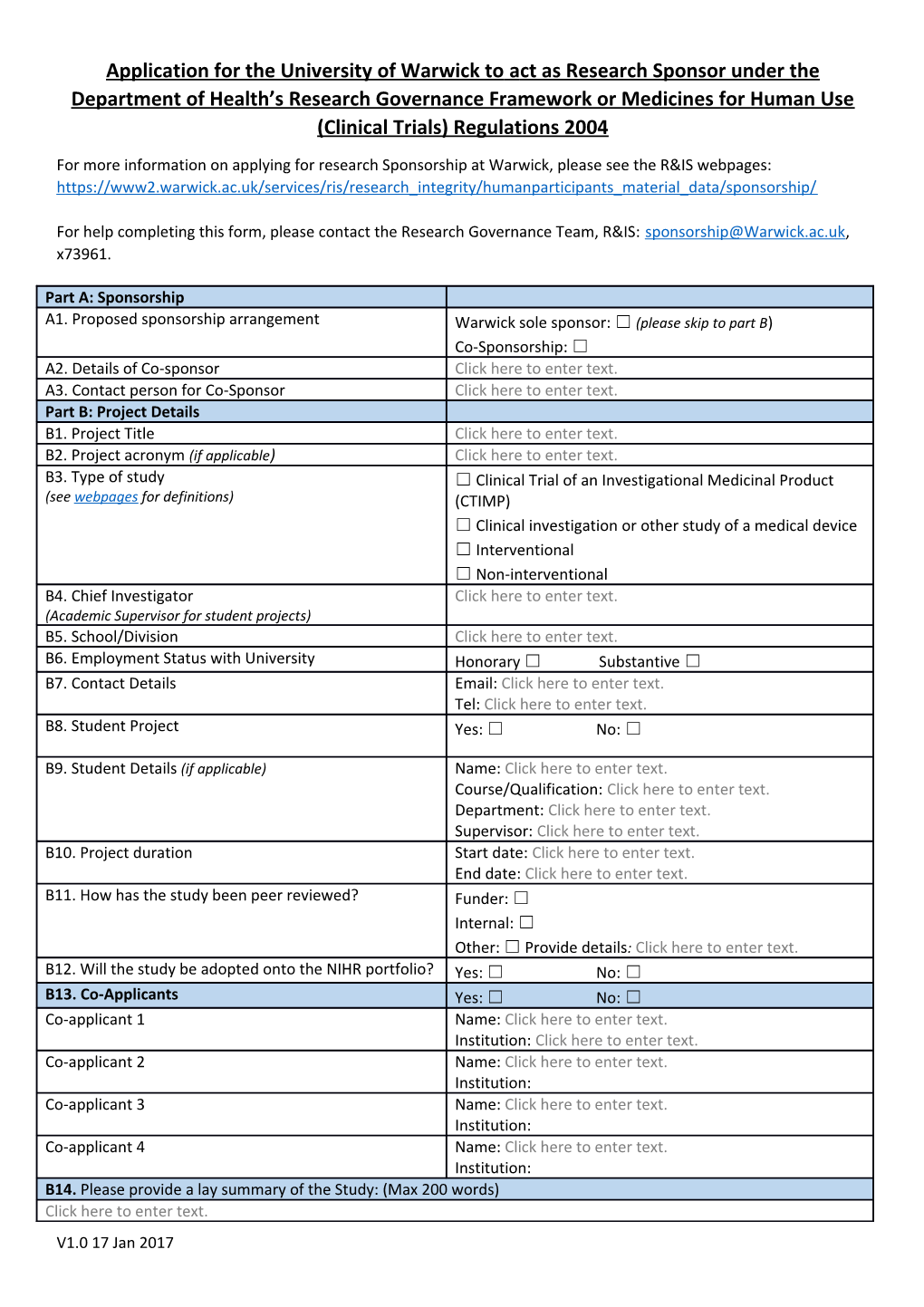 Application for the University of Warwick Toact As Research Sponsor Under the Department