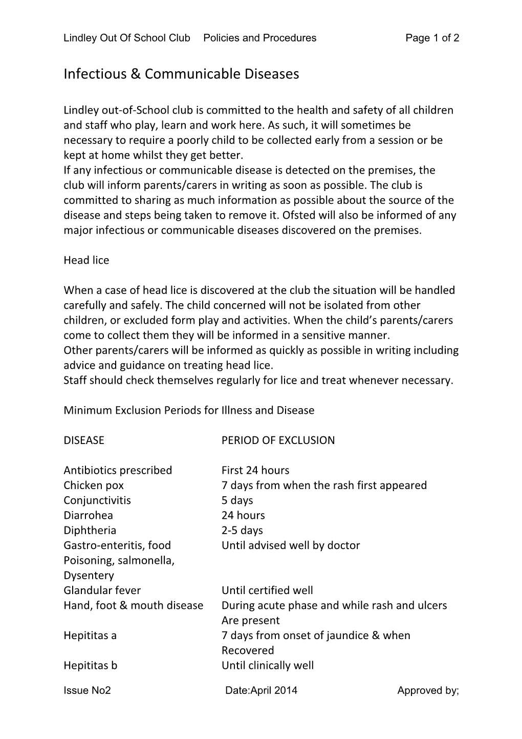 Lindley out of School Clubpolicies and Procedures Page 1 of 2