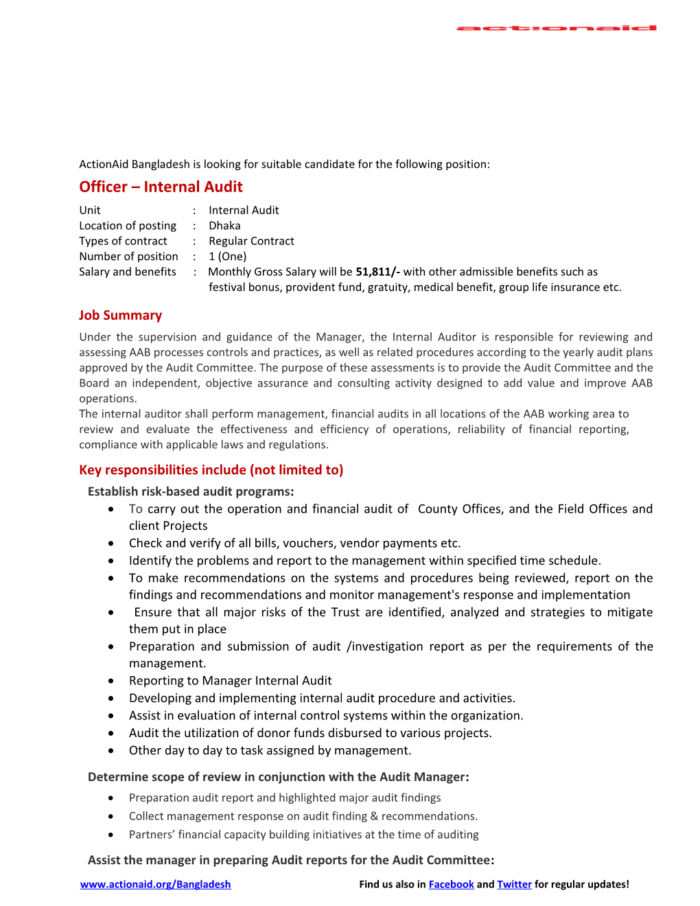 Actionaid Bangladesh Is Looking for Suitable Candidate for the Following Position