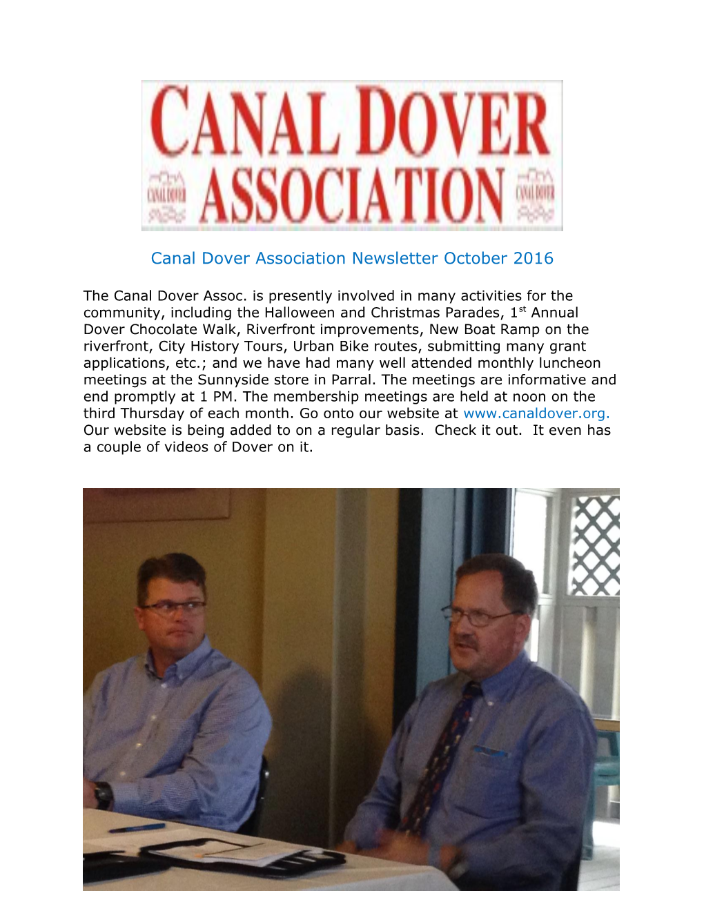 Canal Dover Association Newsletter October 2016