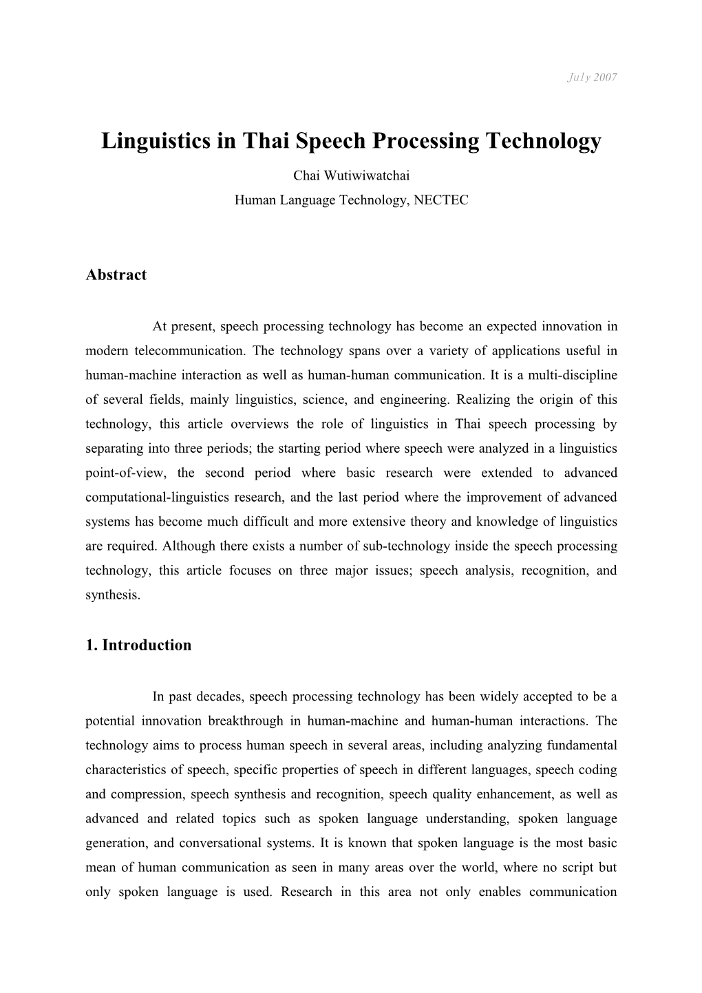 Linguistics in Thai Speech Processing Technology