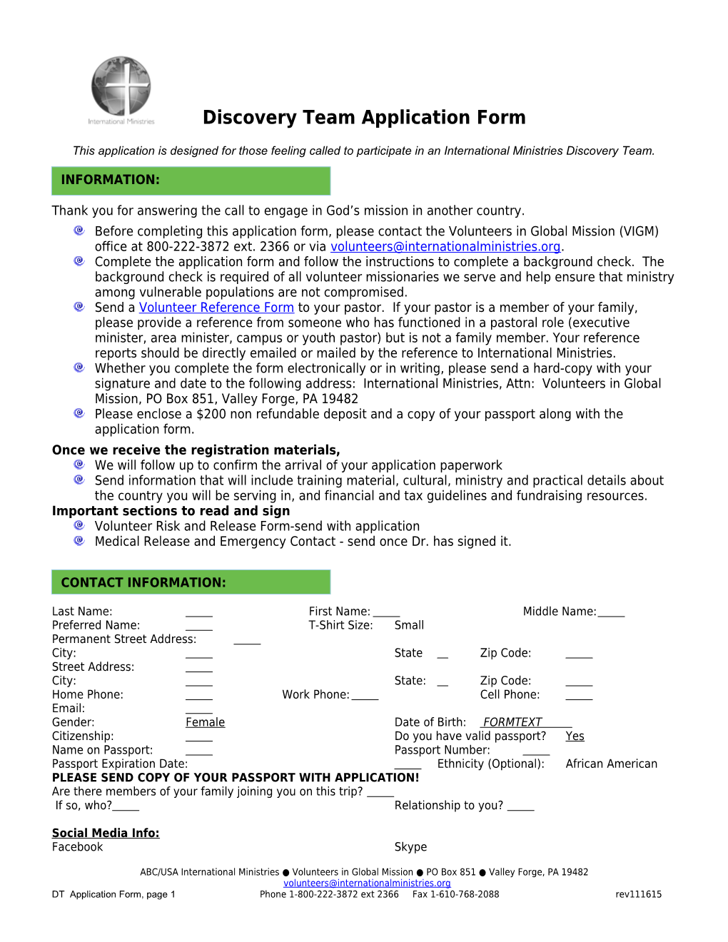 Application for International Volunteer Missionary Service