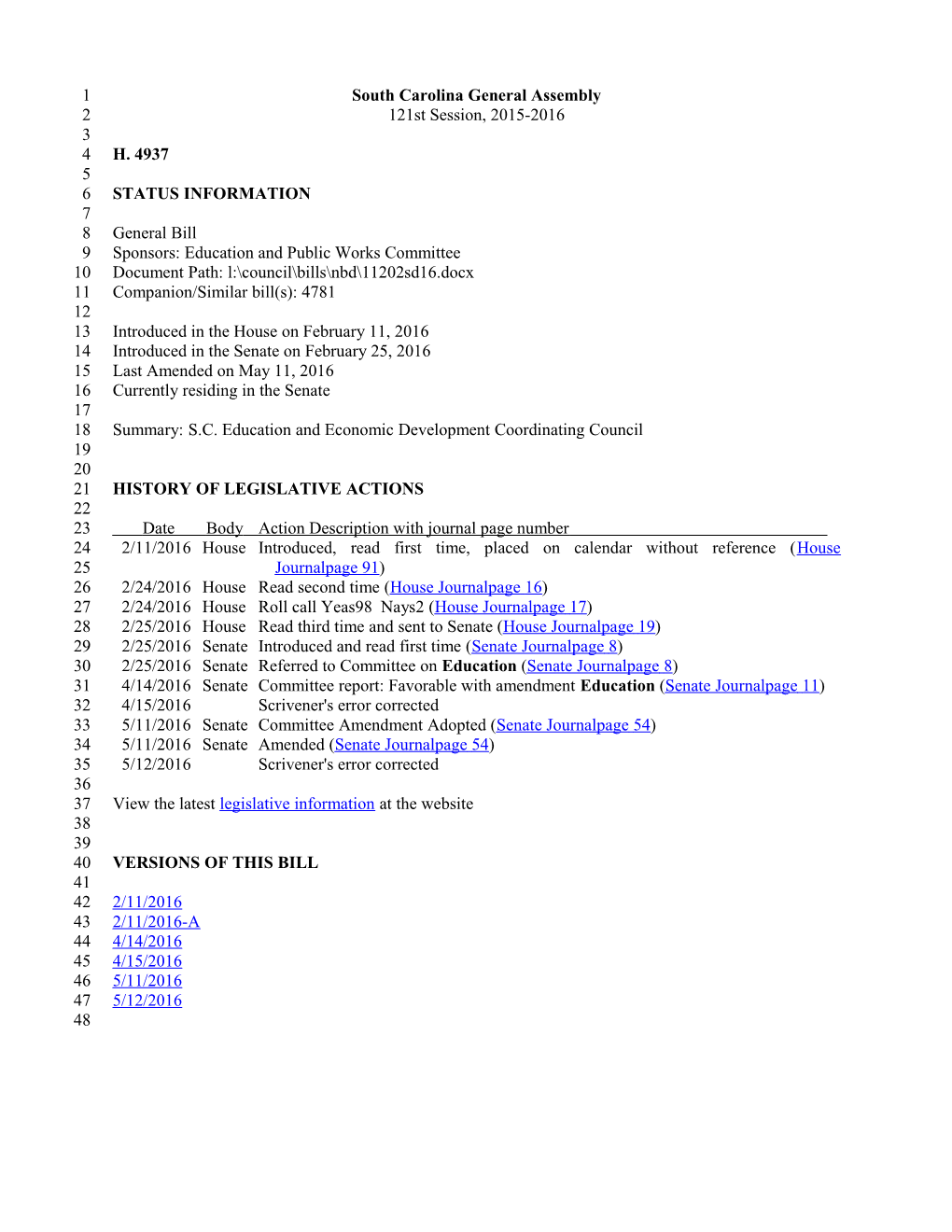 2015-2016 Bill 4937: S.C. Education and Economic Development Coordinating Council - South