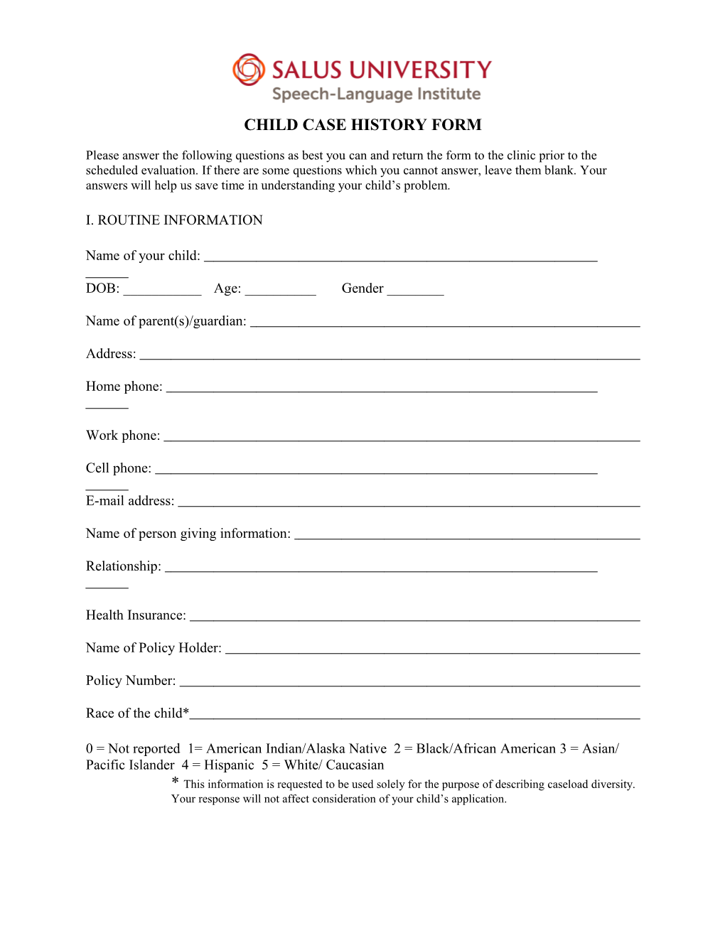 Child Case History Form