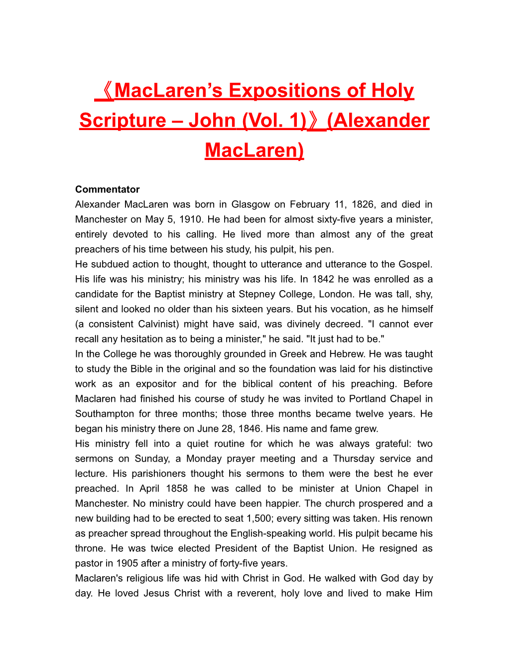Maclaren S Expositions of Holyscripture John (Vol. 1) (Alexandermaclaren)