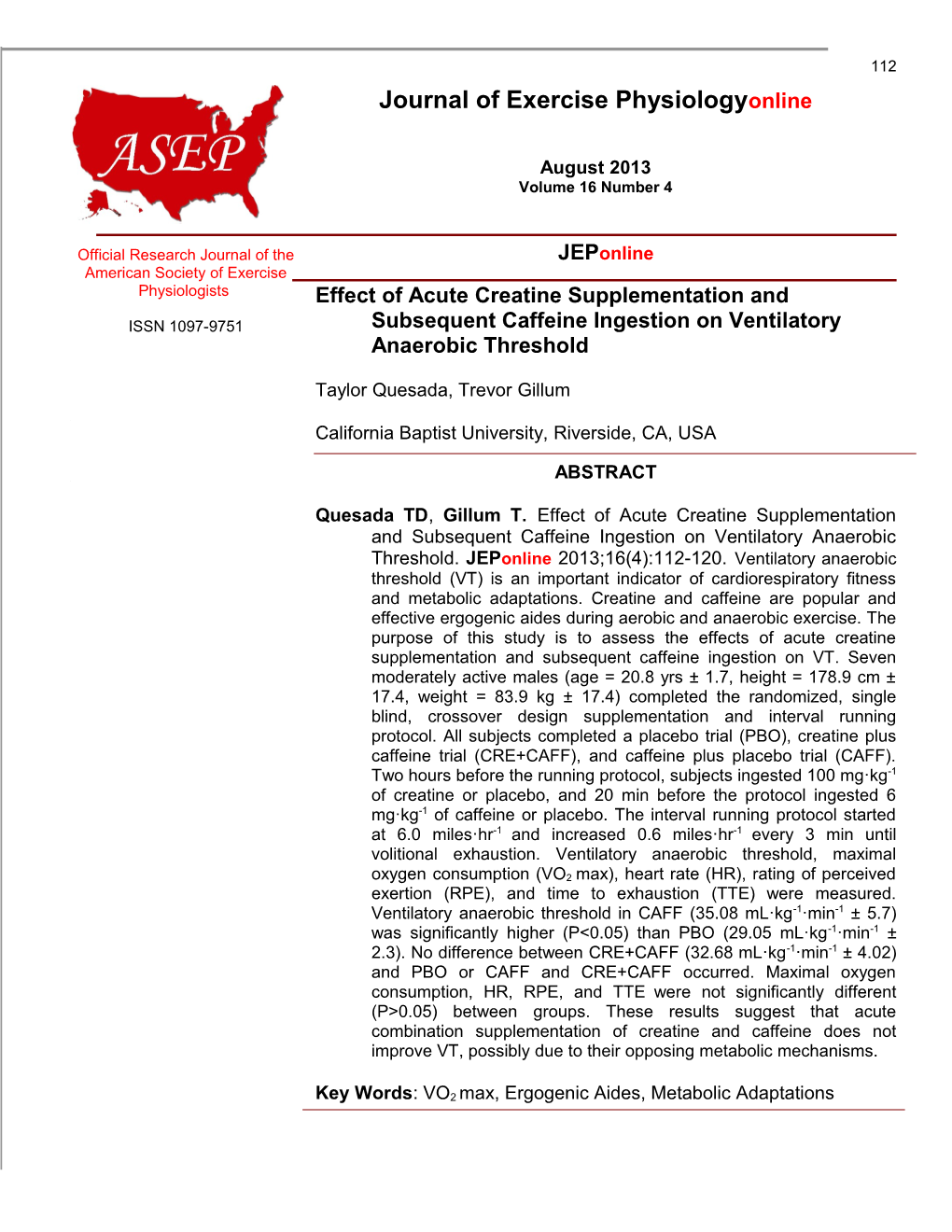 Effect of Acute Creatine Supplementation and Subsequent Caffeine Ingestion on Ventilatory