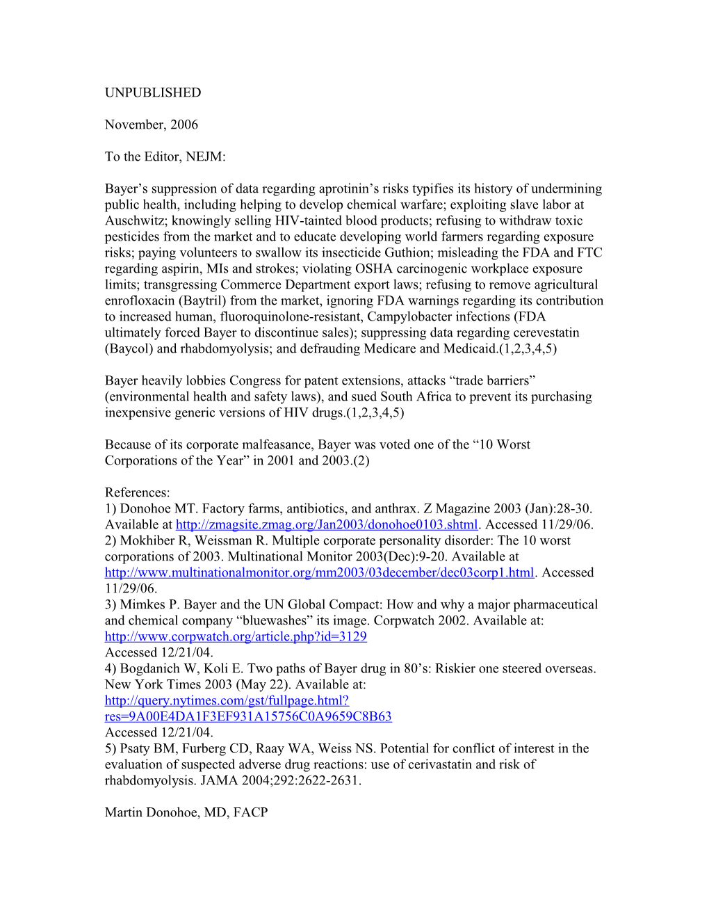 The Series of Articles JAMA 2004(December 1);292(21) Regarding Bayer S Failure to Disseminate