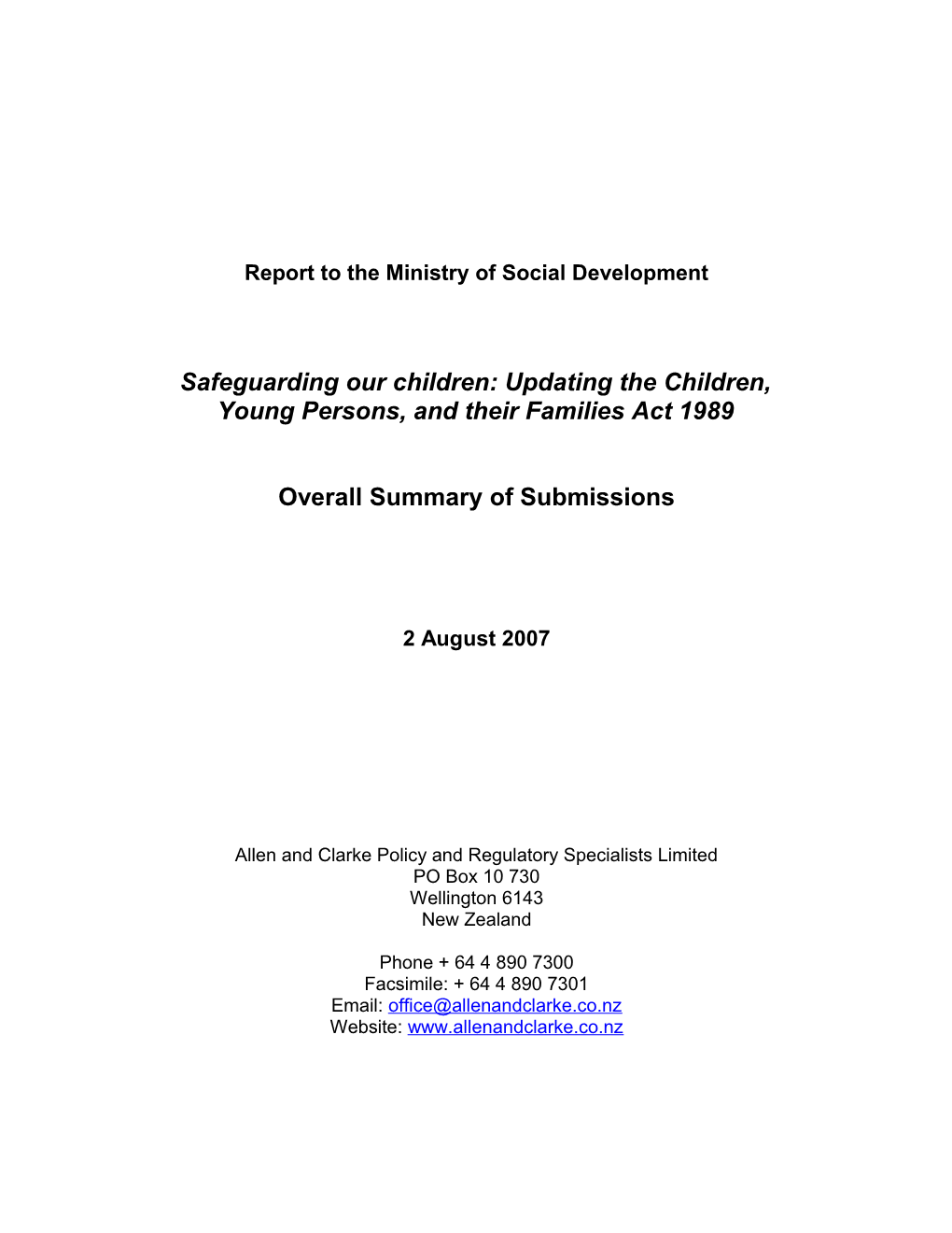 Report to the Ministry of Social Development