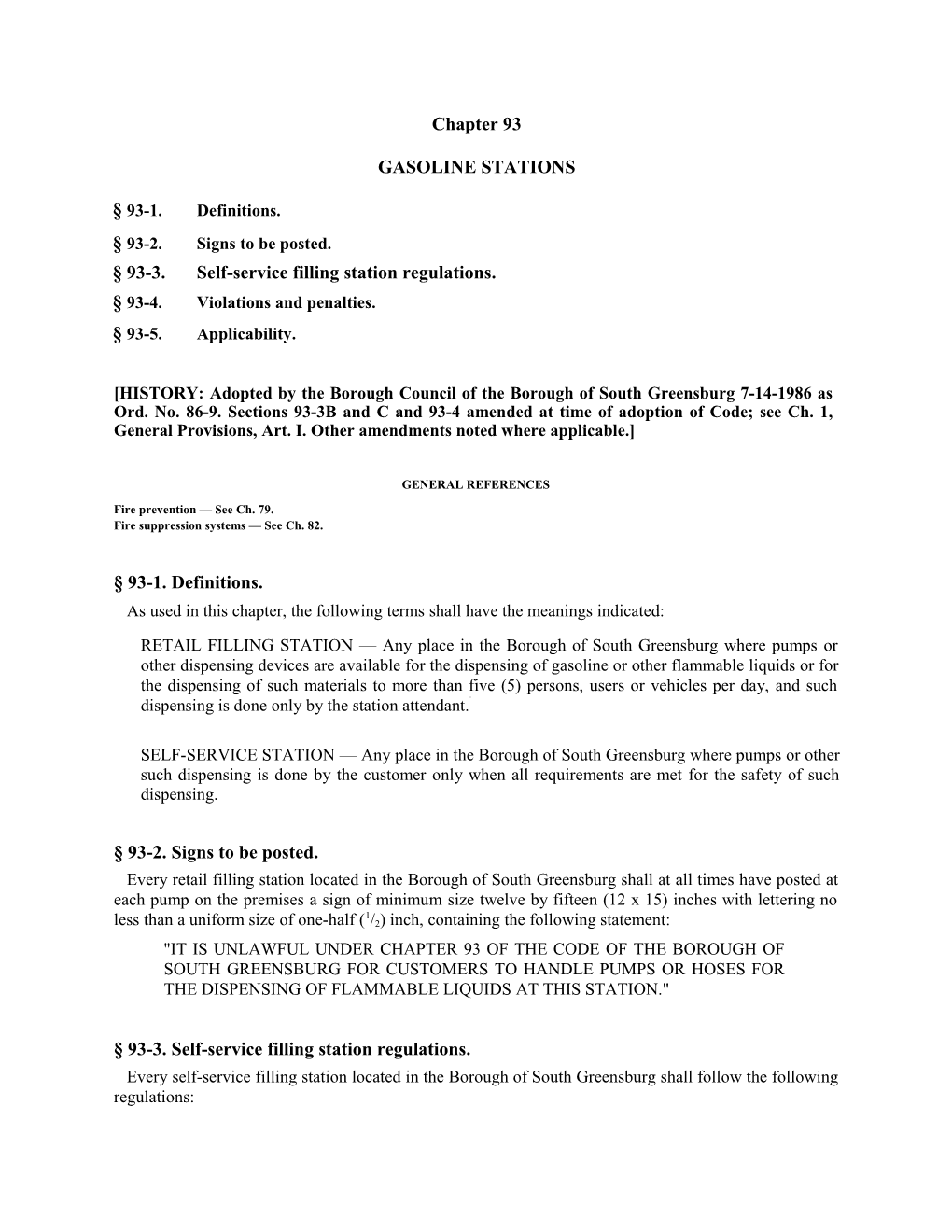 93-3. Self-Service Filling Station Regulations