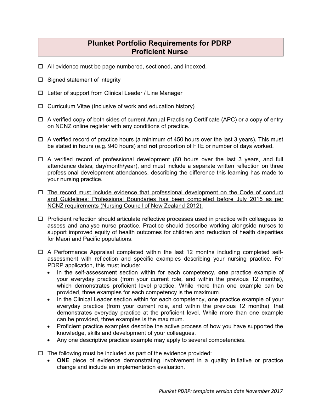 Plunket Portfolio Requirements for PDRP