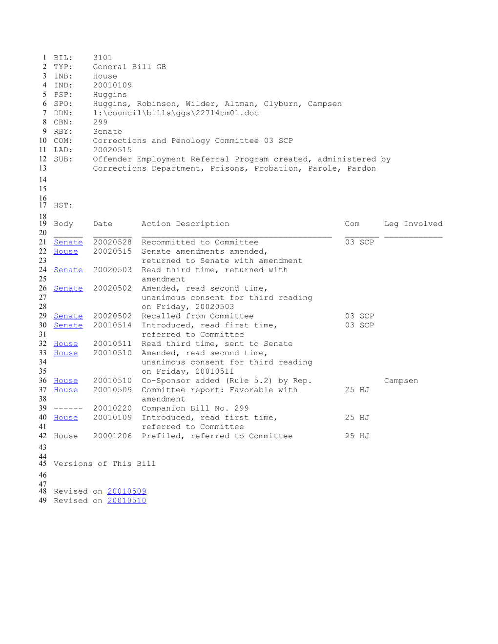 2001-2002 Bill 3101: Offender Employment Referral Program Created, Administered by Corrections