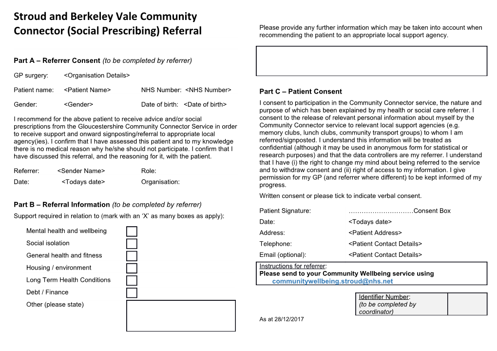 Stroud and Berkeley Vale Community Connector (Social Prescribing) Referral