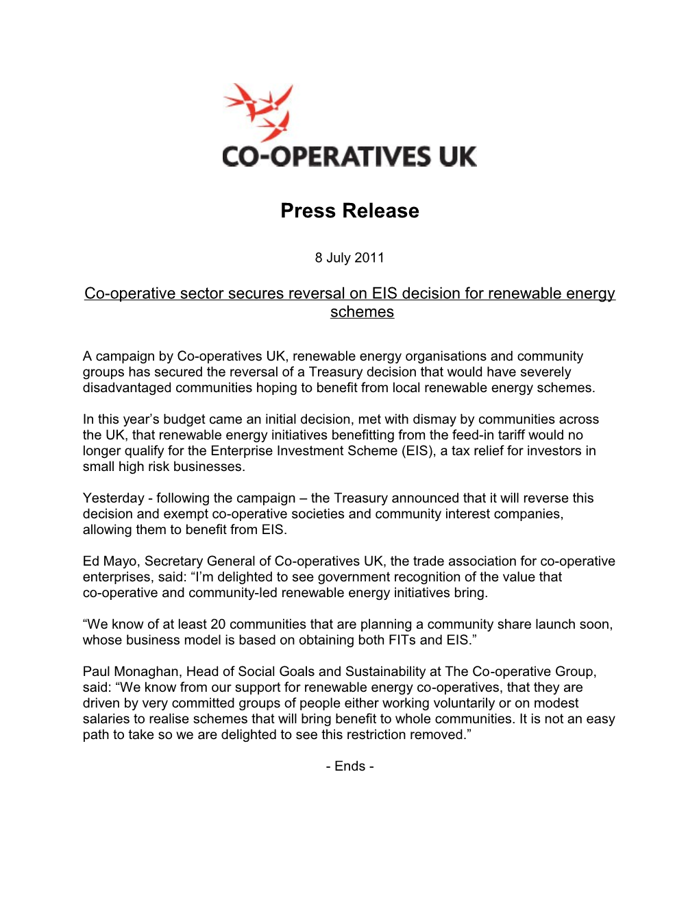 Co-Operative Sector Secures Reversal on EIS Decision for Renewable Energy Schemes