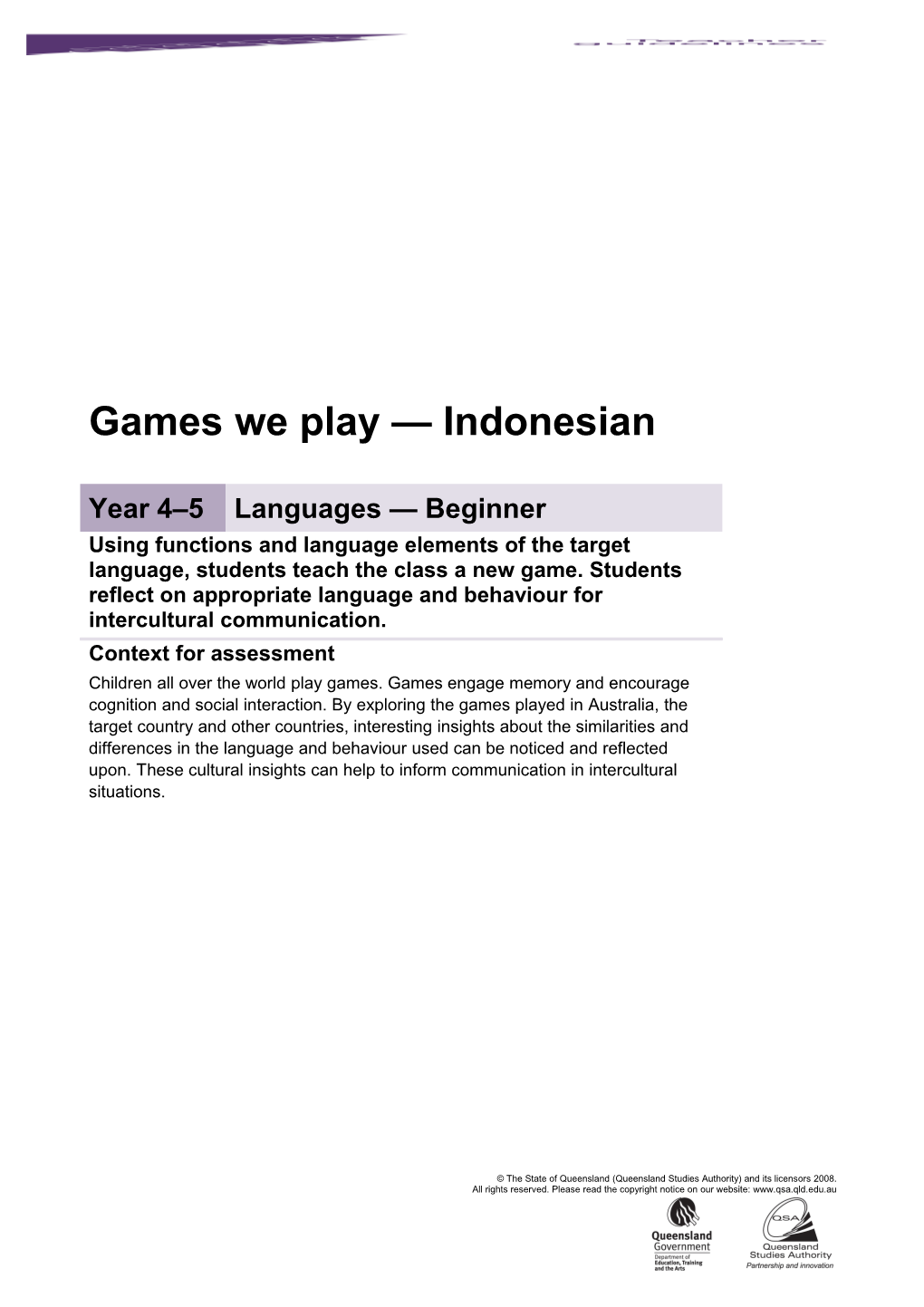 Year 4-5 Languages Assessment Teacher Guidelines Games We Play - Indonesian Queensland