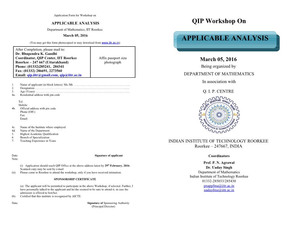 Application Form for Workshop On