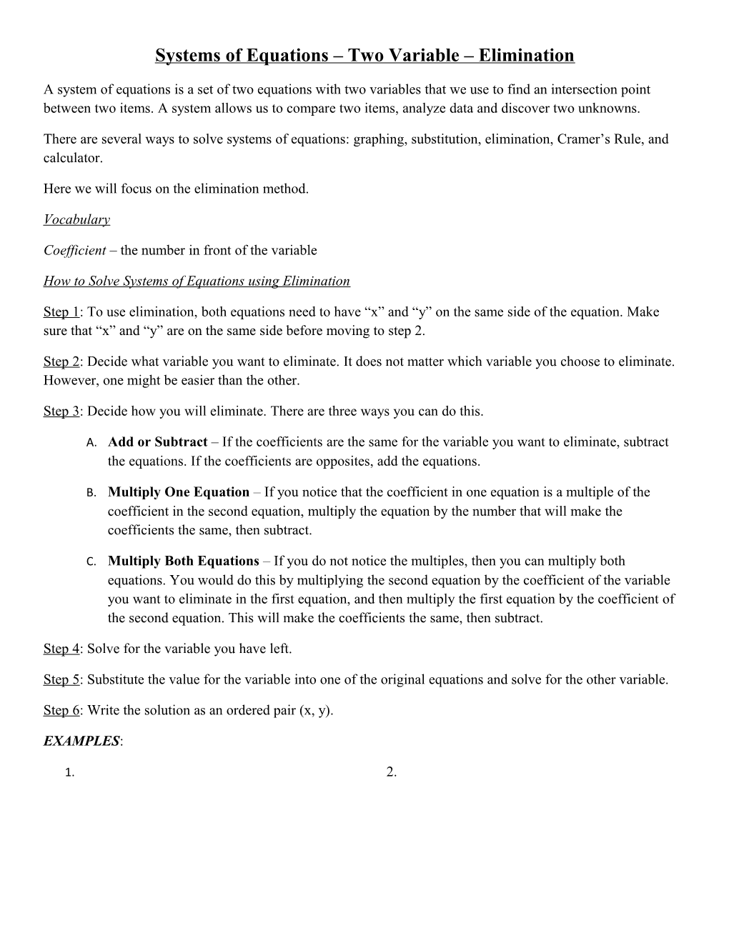 Systems of Equations Two Variable Elimination