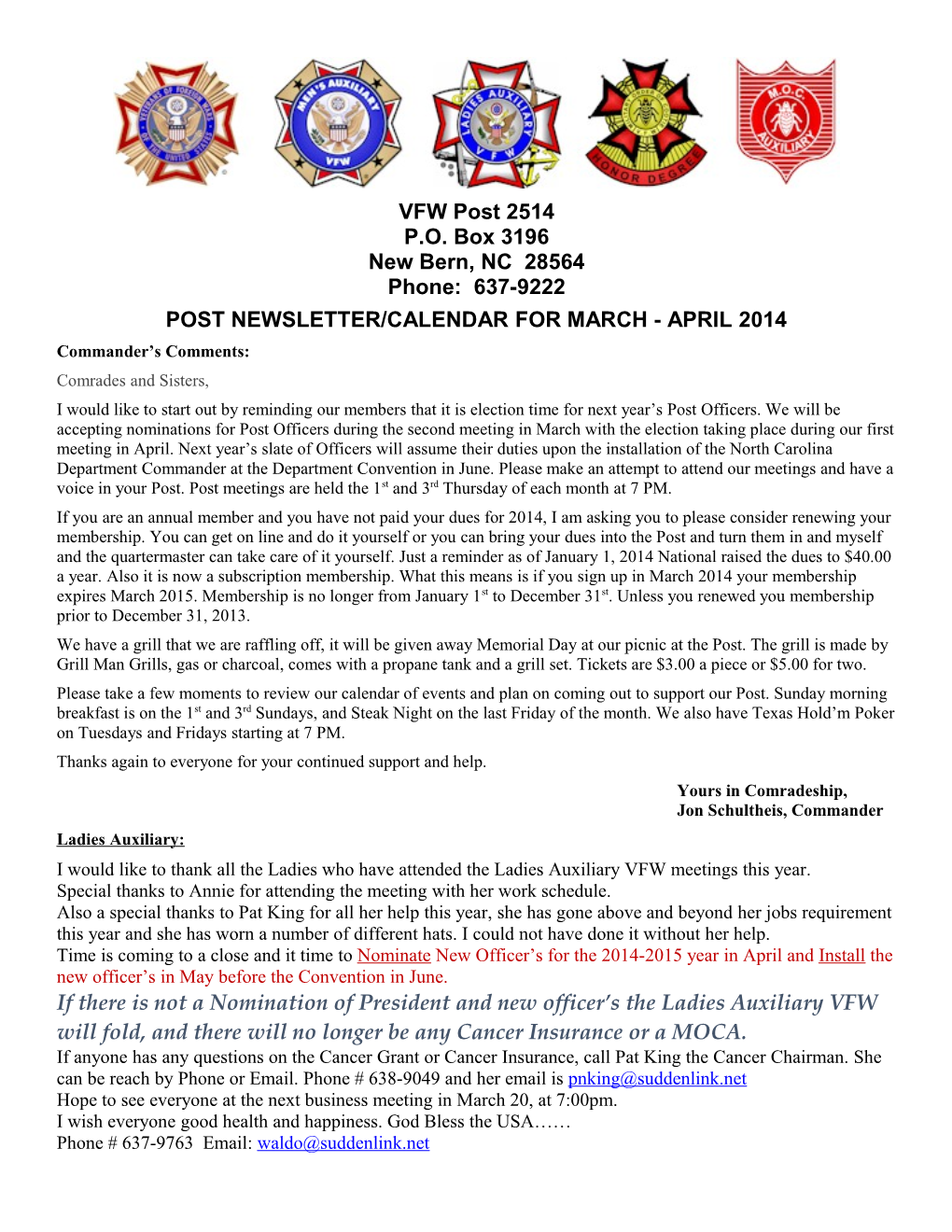 Post Newsletter/Calendar for March - April 2014