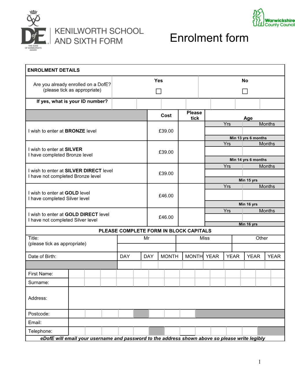 Dofe Enrolment Form (Form B)