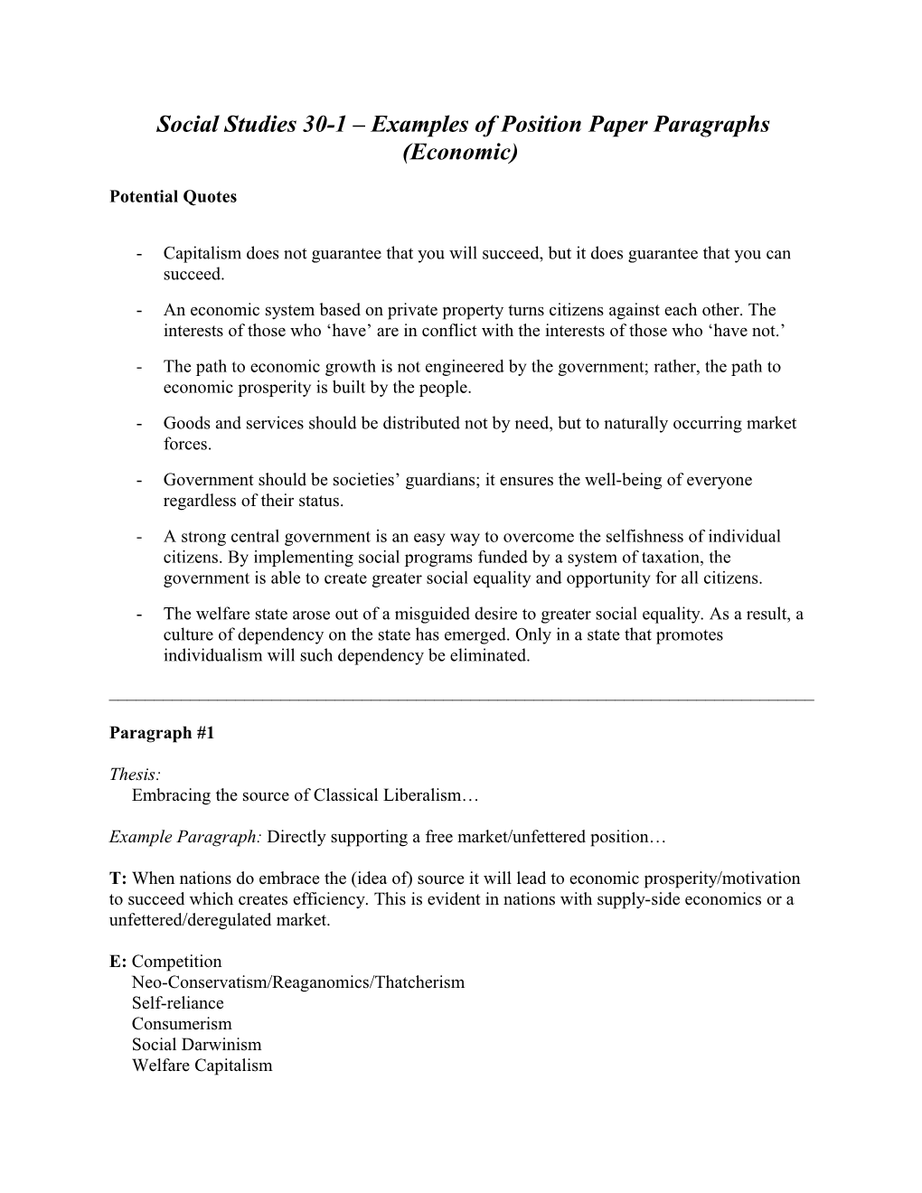 Social Studies 30-1 Examples of Position Paper Paragraphs (Economic)