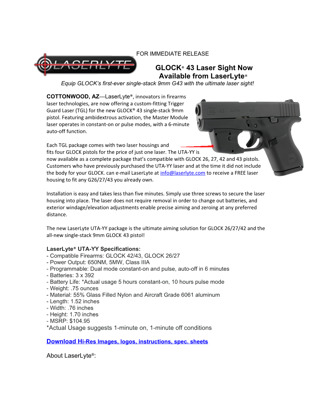 GLOCK 43 Laser Sight Now Available from Laserlyte