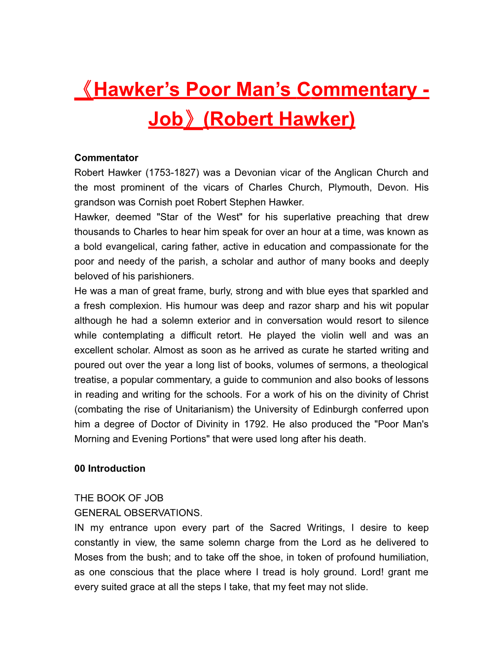 Hawker S Poor Man S Commentary - Job (Robert Hawker)