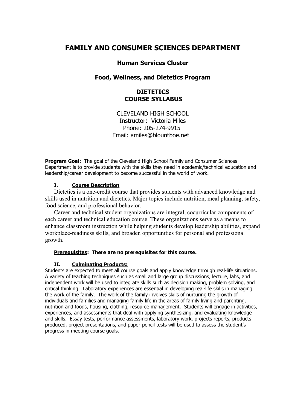 Family and Consumer Sciences Course Syllabus