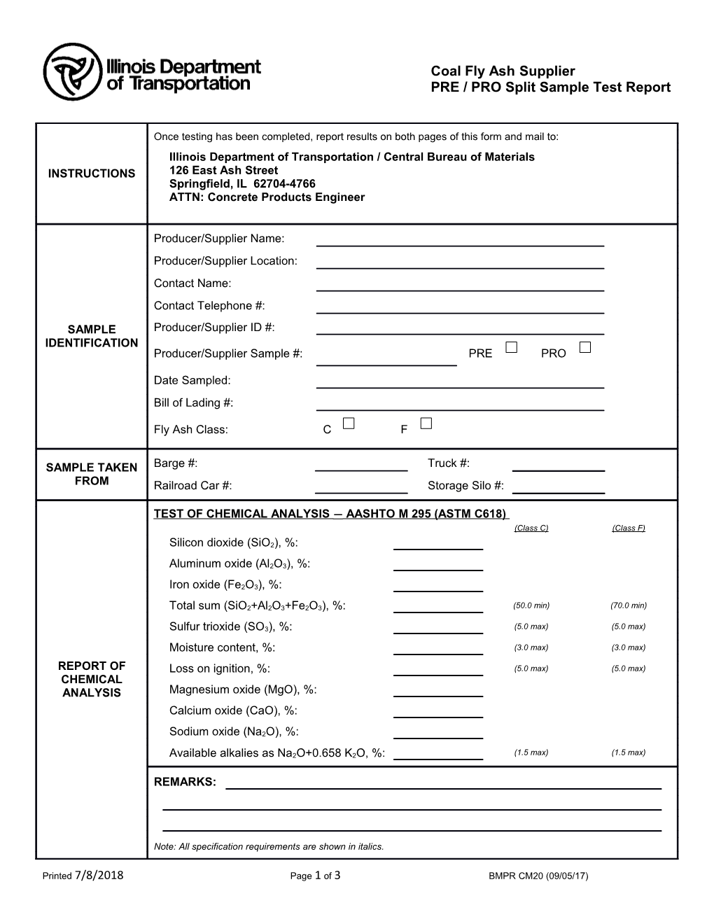 Coal Fly Ash Supplier PRE / PRO Split Sample Test Report