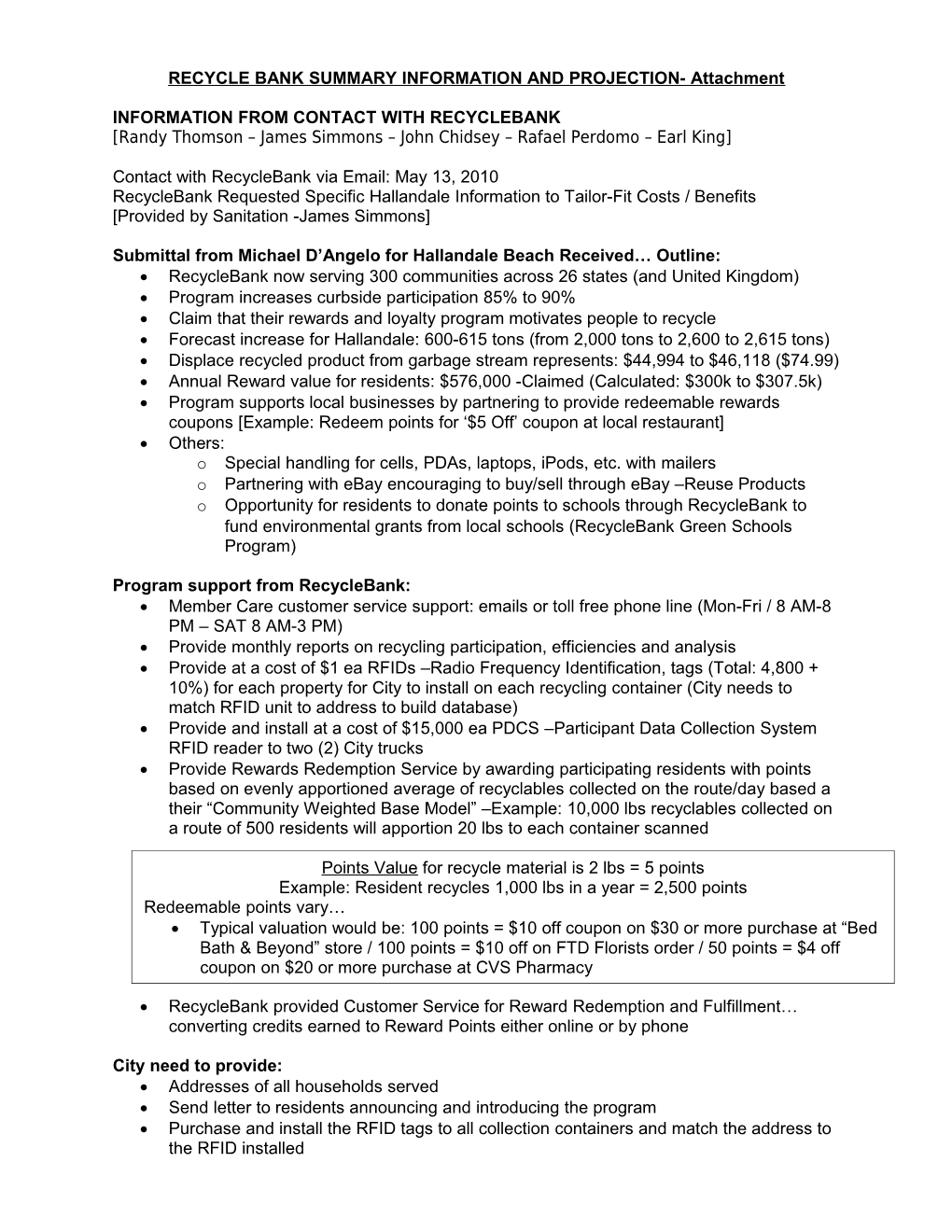 RECYCLE BANK SUMMARY INFORMATION and PROJECTION- Attachment