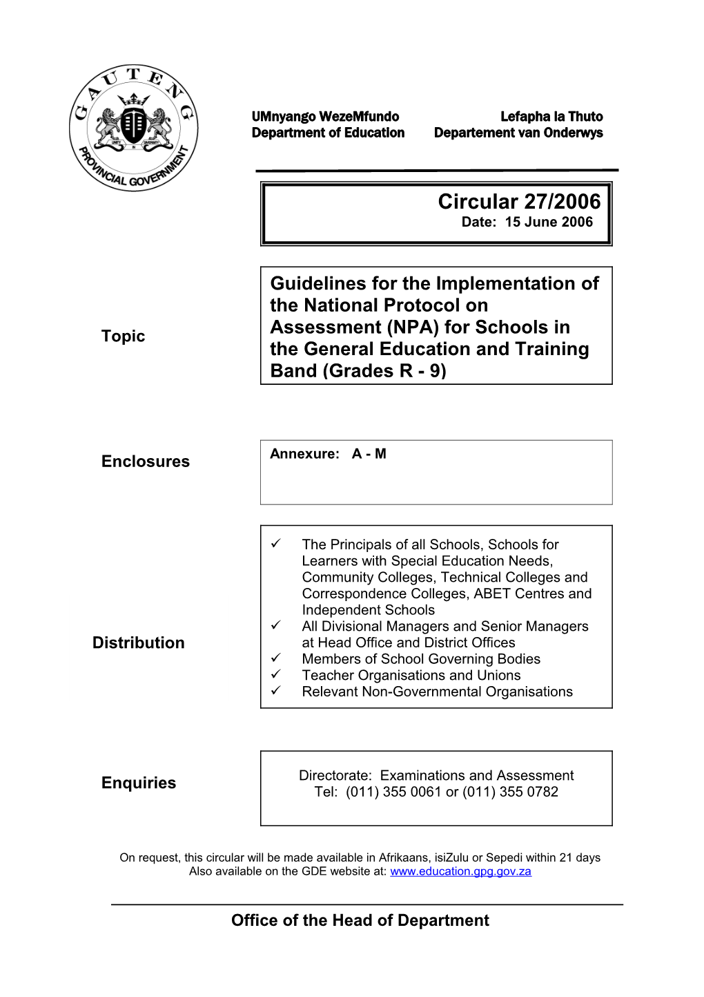 Circular 27.2006 Guidelines for the Implementation of the National Protocol on Assessment (NPA